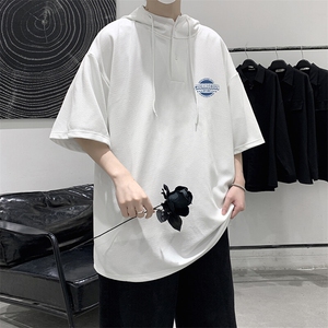 LD54395-P45NASA 连帽短袖t恤男大码胖子带帽五分袖中袖图片