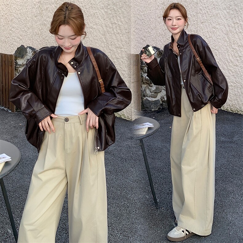 咖色格子拼接皮衣外套女秋季2025新款韩版宽松显瘦夹克上衣,女装短外套,纯色衣恋