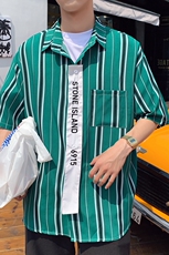 港风夏季条纹短袖衬衫宽松休闲BF风潮流衬衣CS02/，男装衬衫，电商D202