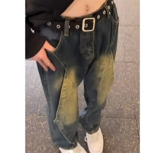 复古重工美式高街做旧水洗牛仔裤男女秋季小众结构拼接微喇裤潮图片