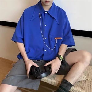 男生短袖衬衫夏季简约印花t恤半袖青少年美式高街翻领衬衣服K图片