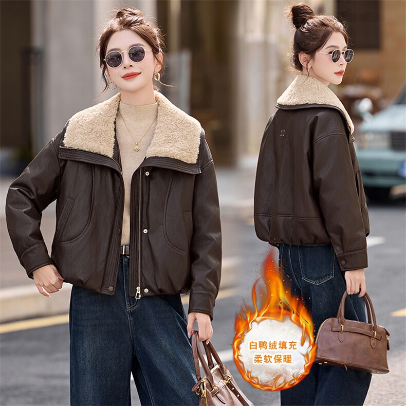 羊羔毛领拼接PU皮羽绒服女2025冬季新款小个子气质显瘦白鸭绒外套,女装羽绒服,衣之秀