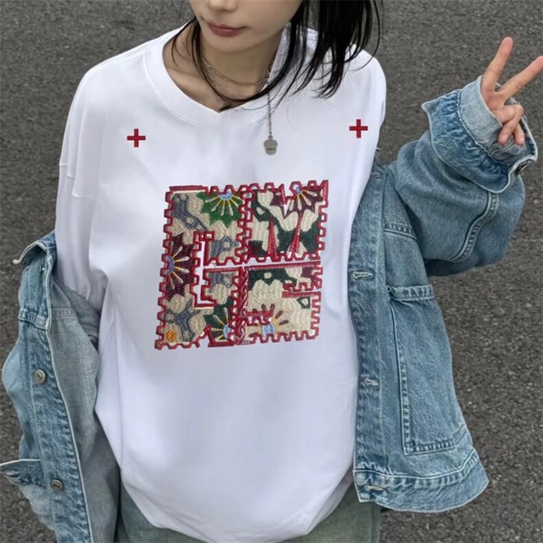美式复古纯棉T恤短袖男款夏季ins创意刺绣个性高街黑色半袖上衣图片