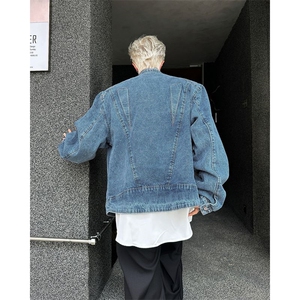 立体垫肩水洗牛仔外套男秋季痞帅美式cleanfit立领工装夹克图片