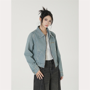 美式复古水洗做旧正肩牛仔外套男女短款拉链宽松刺绣夹克 J19-P80图片
