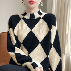 秋冬100%纯羊毛衫女半高领菱形拼色加厚针织毛衣宽松羊绒衫打底，女装羊毛衫，迅太羊绒