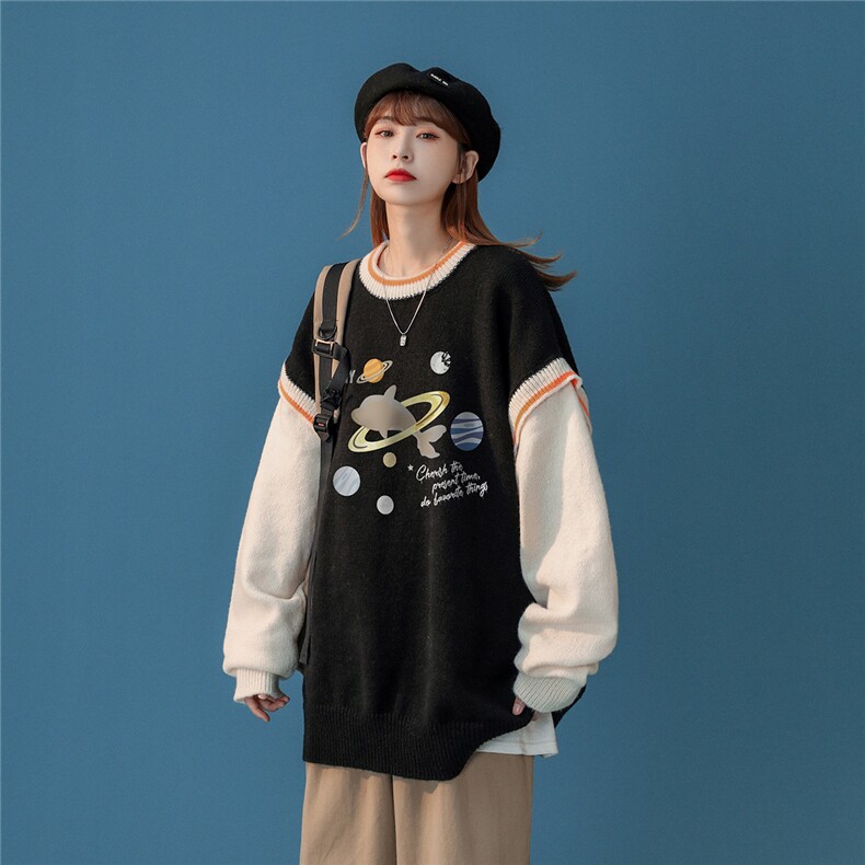 中性秋/冬时尚ins趣味印花百搭保暖圆领套头假两件毛衣M702P65K88,男装针织衫/毛衣,A247A