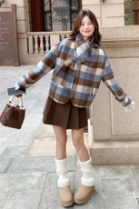 格纹双面羊毛绒大衣女短款2024秋冬韩系美拉蓝穿搭围巾羊毛呢外套，女装双面呢大衣，韩蜜菓