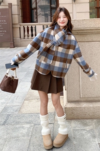 格纹双面羊毛绒大衣女短款2024秋冬韩系美拉蓝穿搭围巾羊毛呢外套图片