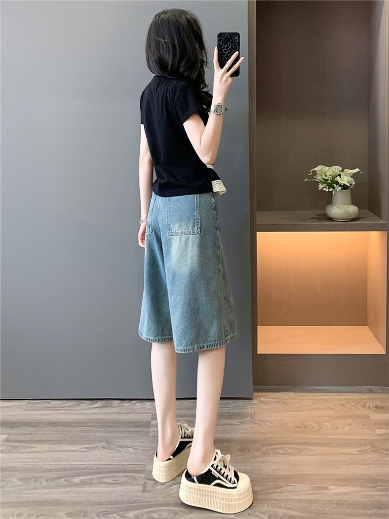 高级感时尚减龄套装女夏设计感蕾丝拼接假两件上衣牛仔中裤两件套,女装套装/套裙,江南