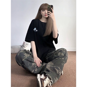 抖音得物 210克现货宽松纯棉美式潮牌印花落肩袖纯棉T恤AT21137图片