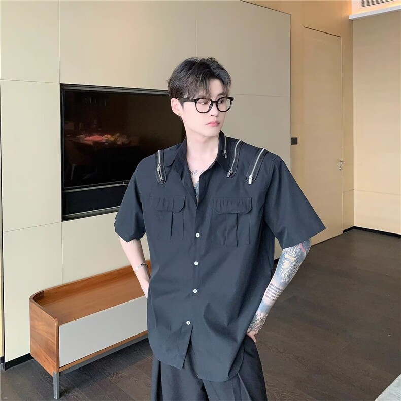 夏季拉链设计感休闲长袖衬衫男简约解构高级感工装白色衬衣潮CS16,男装衬衫,星座516A