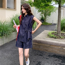 减龄牛仔衬衫短裤套装女夏2025新款小个子两件套超火绝美又酷又飒，女装套装/套裙，2C090