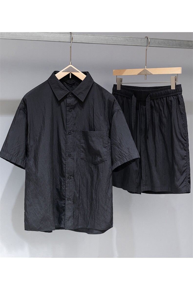 现货衬衫工装短袖松紧腰短裤套装两色,男装牛仔裤,电商A105