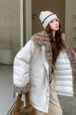 拼环保羊羔毛宽松款派克棉服可收腰--2B72--8867--P215--K298，女装派克服，乐吉娜