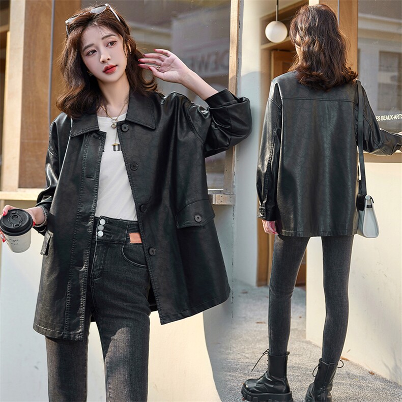 皮衣外套女中长款2025年春秋新款韩版宽松大码休闲机车服夹克上衣，女装皮衣，魅衣本色