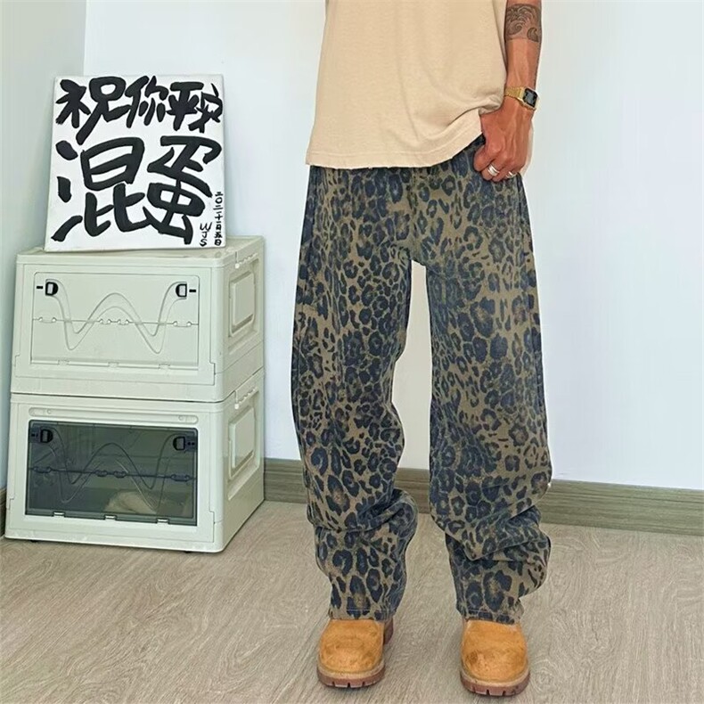 美式复古豹纹牛仔裤男青少年夏季新款工装裤高个子窄版直筒长裤潮图片