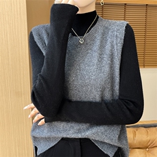 羊毛针织马甲女背心秋冬新款叠穿马夹圆领开叉无袖毛衣坎肩，女装马甲，越洋羊