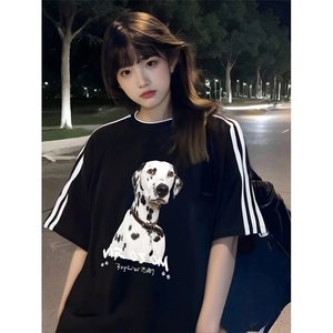 抖音得物高品质二开240克宽松纯棉美式潮牌三条杠织带短袖T恤图片