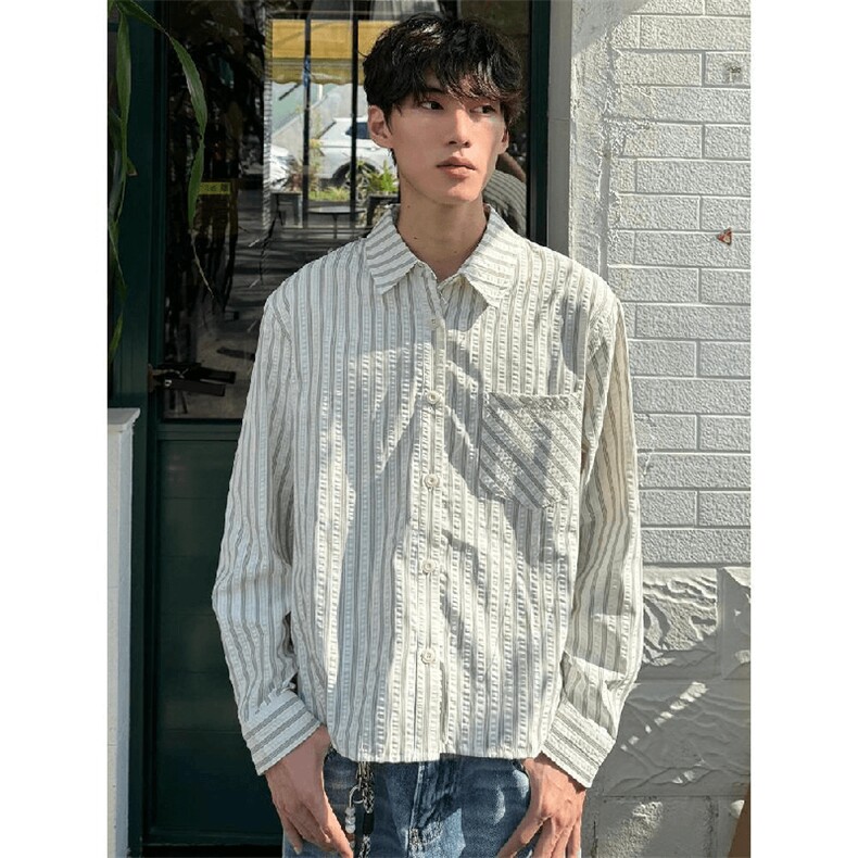 美式潮牌高街复古泡泡纱竖条纹日系肌理长袖衬衫男女休闲宽松衬衣，男装衬衫，电商A443
