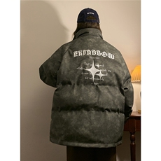 中性风PU皮复古做旧可拆卸四芒星胸针设计棉衣男MY77721P128控168，男装棉衣，星座227-7