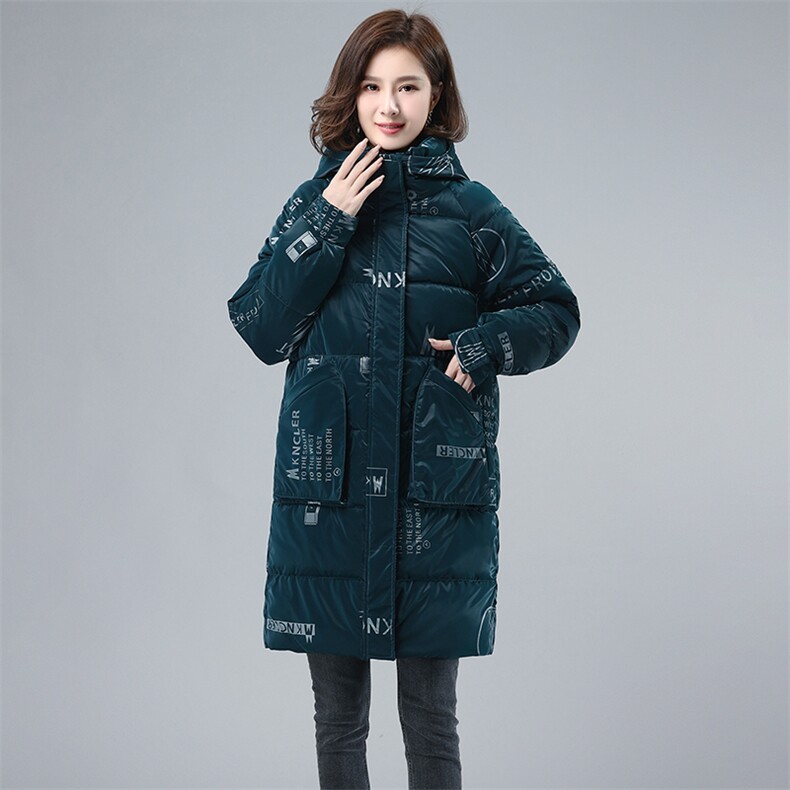 亮面棉袄外套印花棉服女中长款2021年冬装新款中年妈妈装加厚棉衣图片