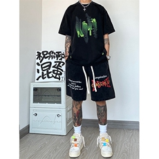 纯棉320G重磅水洗做旧印花短裤A014-DY2372-P50控68，男装休闲裤，电商A014