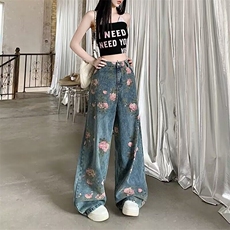 MRNEARLY美式复古水洗做旧满印印花牛仔裤夏季宽松直筒拖地裤子潮，男装牛仔裤，星座813-2