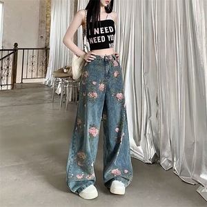 MRNEARLY美式复古水洗做旧满印印花牛仔裤夏季宽松直筒拖地裤子潮图片
