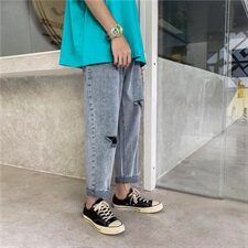 2021夏季主推9228纯色男士破洞牛仔裤韩版裤脚9分长裤子，男装牛仔裤，星座1008