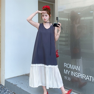 法式拼接v领无袖连衣裙女2025夏季新款高级感甜美宽松显瘦背心裙图片
