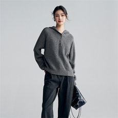 秋冬款系扣连帽衫女宽松大码羊毛帽衫针织半开扣毛衣打底衫厚，女装羊毛衫，米鹿服饰