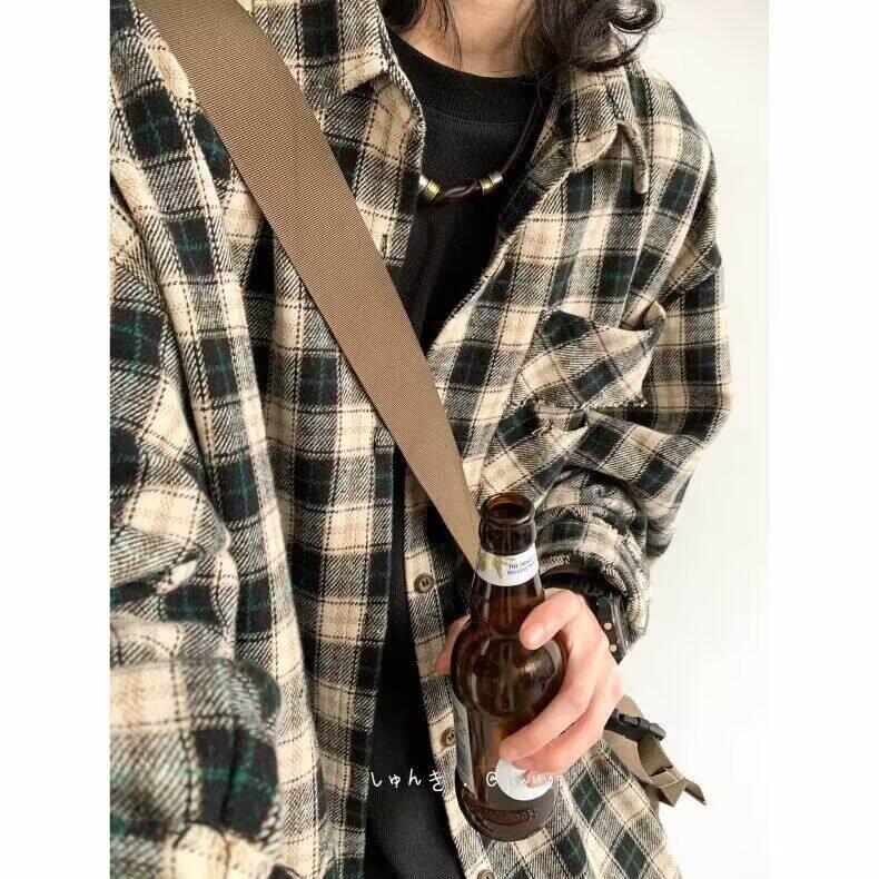 美式复古街头口袋刺绣设计感格子男女宽松下摆毛边格子长袖衬衫潮,男装衬衫,星座506A