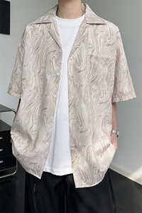 8XL-M 冰丝古着感波浪纹短袖衬衫男宽松休闲沙滩古巴领衬衣CS528图片