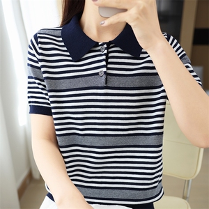 女士夏季舒适简约百搭细线提花半开领短袖图片