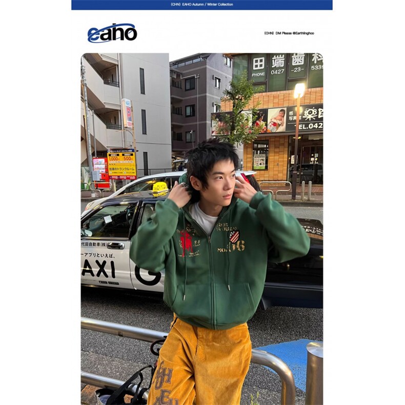 2025秋季美式连帽卫衣外套男女旗帜印花拉链开衫宽松百搭上衣,女装短外套,星座506A