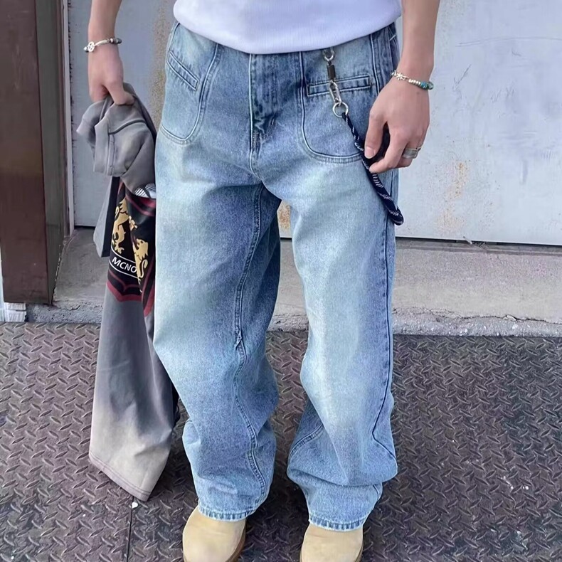 美式简约风复古水洗牛仔裤男春秋松弛感阔腿休闲直筒百搭长裤图片
