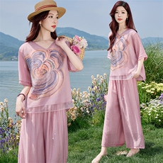 时尚气质印花棉麻套装女夏2025新款洋气减龄妈妈宽松阔腿裤两件套，女装套装/套裙，涵墨