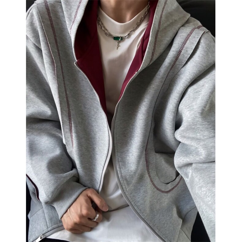 2025秋冬撞色辑明线连帽卫衣男士复古廓形百搭休闲开衫拉链外套潮，女装短外套，星座601-1