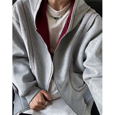 2025秋冬撞色辑明线连帽卫衣男士复古廓形百搭休闲开衫拉链外套潮，女装短外套，星座601-1