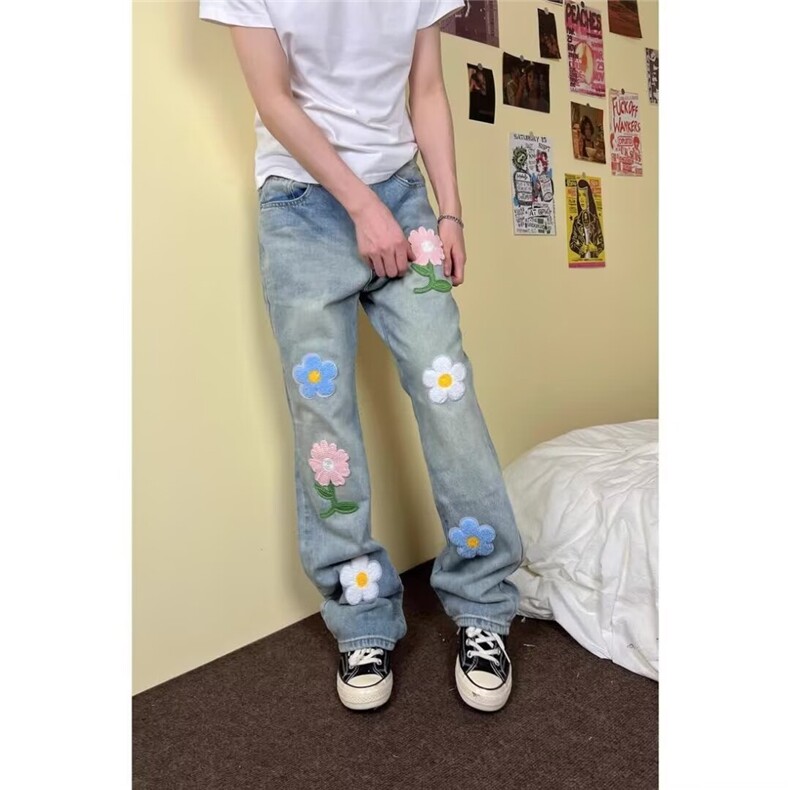 1506-1/K东方服饰7611/P55花朵牛仔裤男款设计感潮牌阔腿裤子高腰,男装牛仔裤,星座1506-1