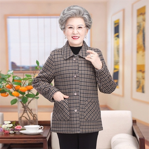 外套格子开衫奶奶装大码长袖扣子衫中老年女装秋冬翻领加绒大衣图片