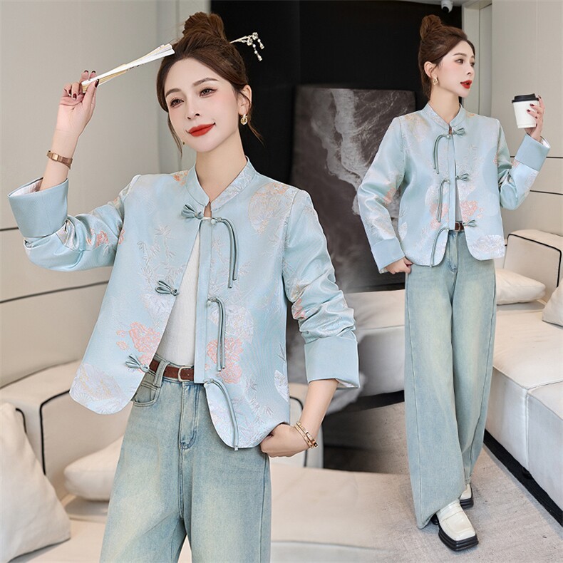 新中式国风外套女春秋2025新款高端洋气时尚刺绣缎面盘扣立领上衣图片