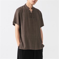 21夏季大码风棉麻亚麻宽松短袖盘扣衬衫中式立领F18/P50，男装T恤，钱塘713