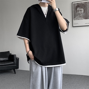 8XL-M假两件短袖卫衣连帽t恤男夏季薄款宽松大码学生半袖DT007P48图片
