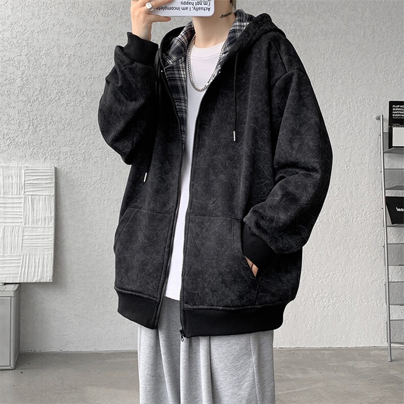 扎染撞色格子男女百搭连帽大码卫衣外套WY10090-特P55加绒特P65,女装短外套,电商A059