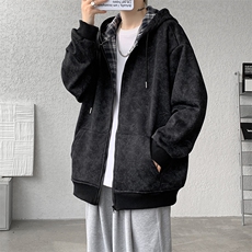 扎染撞色格子男女百搭连帽大码卫衣外套WY10090-特P55加绒特P65，女装短外套，电商A059