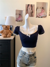 法式复古波点吊带背心女带胸垫+辣妹蝴蝶结修身短袖T恤上衣两件套，女装背心吊带，梦白服饰厂