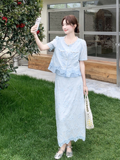 2026夏季新款套装裙女夏季法式温柔风蕾丝提花上衣半身裙两件套，女装套装/套裙，霓裳依族