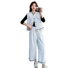 牛仔套装女2025秋季新款韩版拼接小个子工装马甲阔腿裤两件套，女装套装/套裙，瑶迪依秀